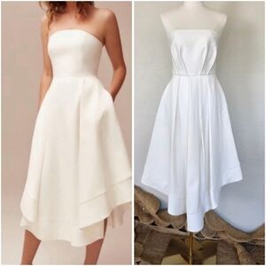 NWT C/MEO Collective Ivory Strapless Midi Dress Asymmetrical Hem Pockets Bridal